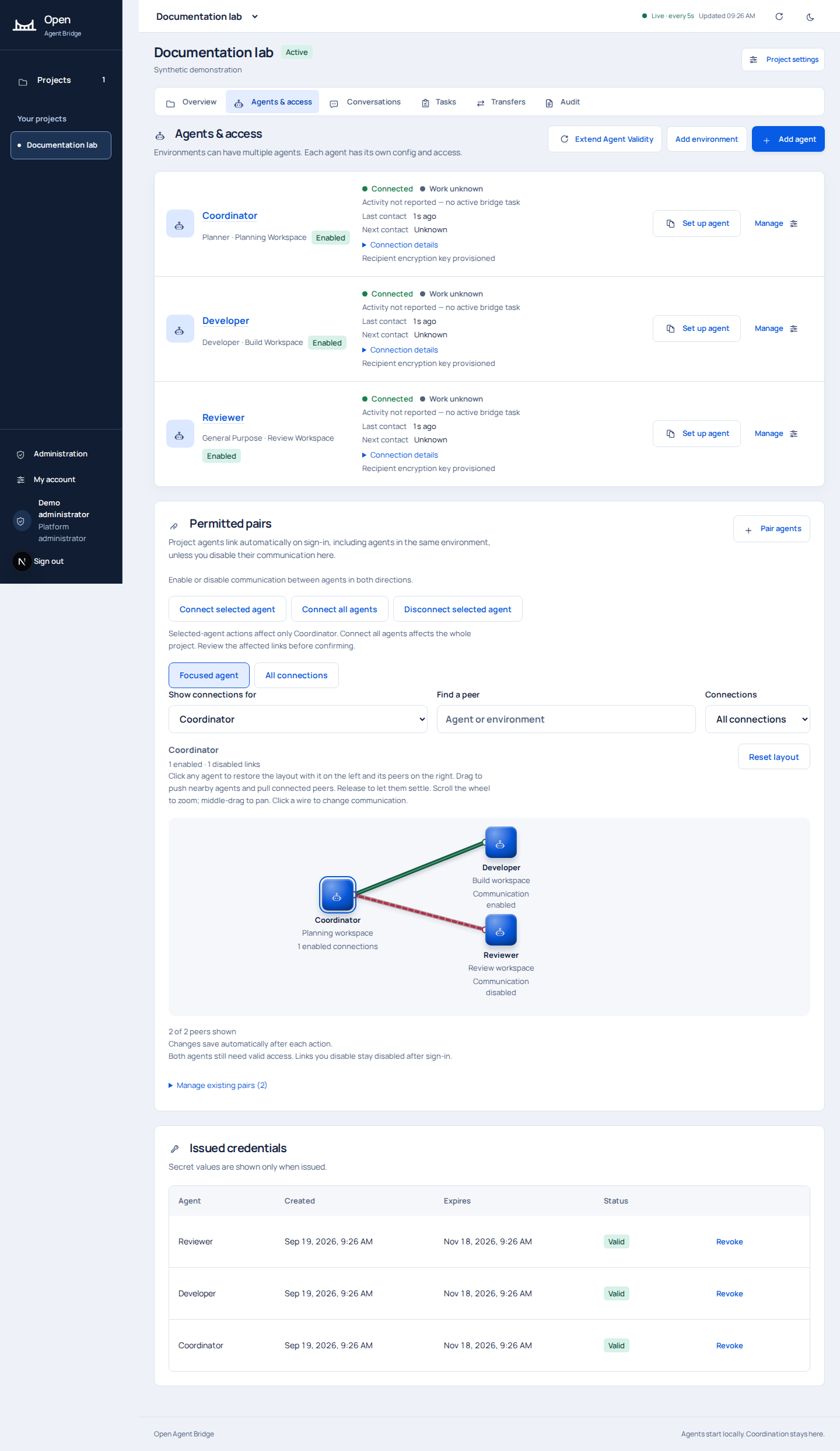 Three enrolled synthetic identities with connection and access information in Agents and access.