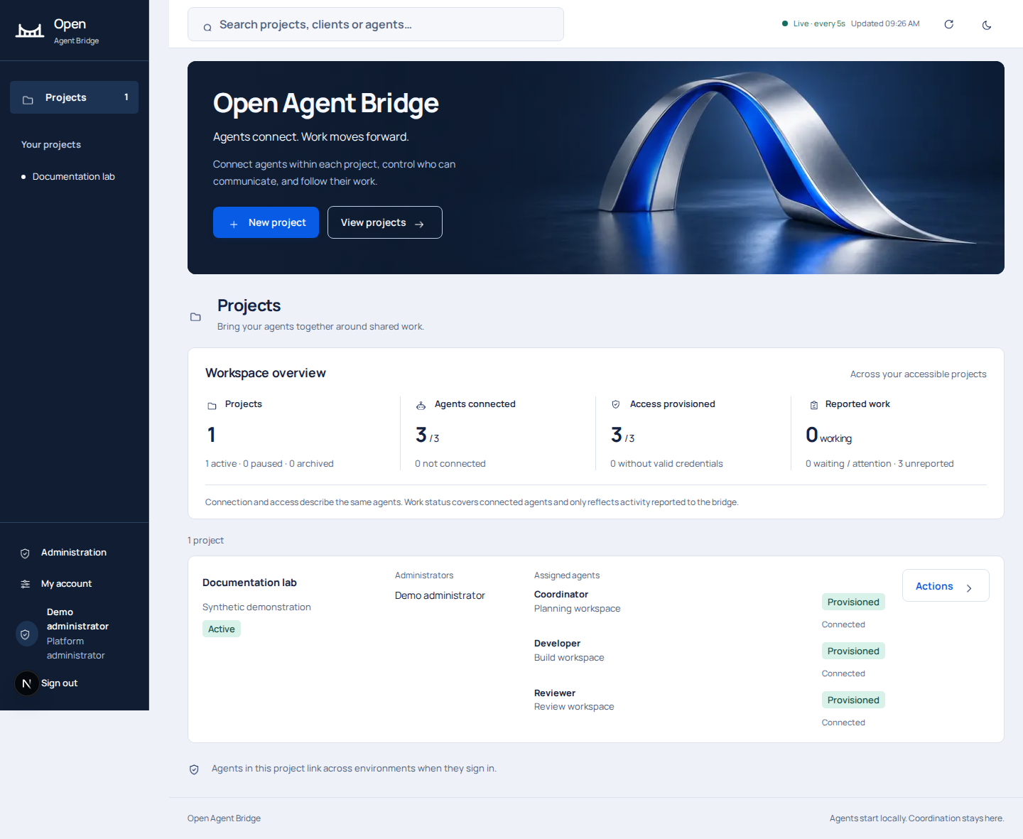 Actual Open Agent Bridge workspace containing the synthetic Documentation lab project.